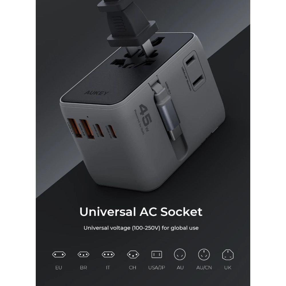 ปลั๊กแปลง 4 IN 1 UNIVERSAL 2 USB A 2 TYPE C AUKEY PA-TA13 45 วัตต์ สีเทา