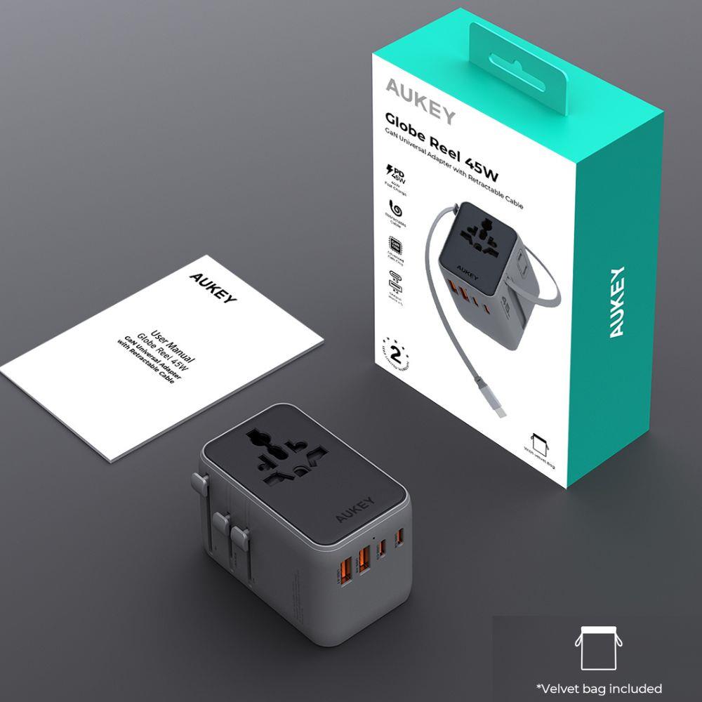 ปลั๊กแปลง 4 IN 1 UNIVERSAL 2 USB A 2 TYPE C AUKEY PA-TA13 45 วัตต์ สีเทา