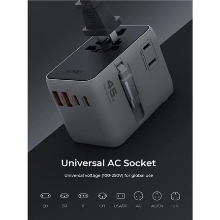 ปลั๊กแปลง 4 IN 1 UNIVERSAL 2 USB A 2 TYPE C AUKEY PA-TA13 45 วัตต์ สีเทา_2