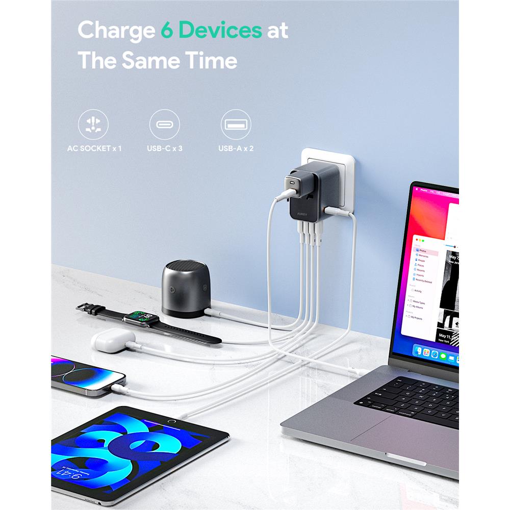 ปลั๊กแปลง 4 IN 1 UNIVERSAL 2 USB A 2 TYPE C AUKEY PA-TA07 35 วัตต์ สีเทา