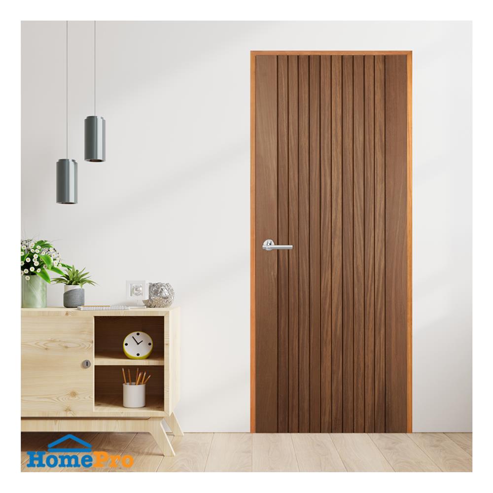 ประตูไม้มะค่า ไม่เจาะลูกบิด VK VK804 โมเดิร์น เซาะร่อง ขอบ 5 นิ้ว 80x200 ซม. สีธรรมชาติ