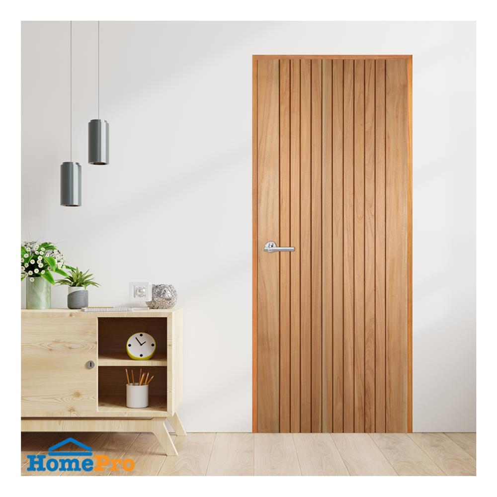 ประตูไม้สยาแดง ไม่เจาะลูกบิด VK VK124 โมเดิร์น เซาะร่อง ขอบ 5 นิ้ว 80x200 ซม. สีธรรมชาติ