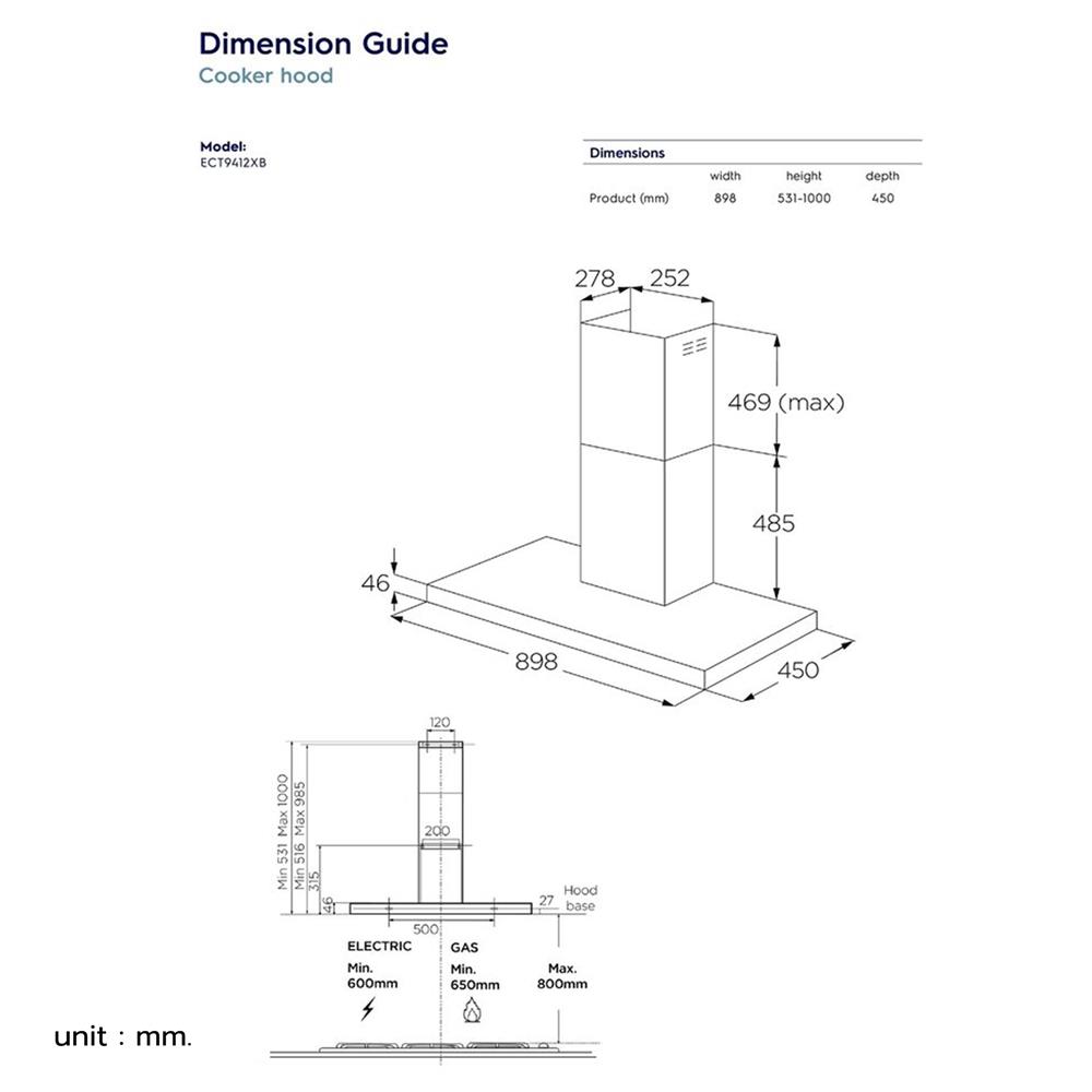 เครื่องดูดควันกระโจม ELECTROLUX ECT9412XB 90 ซม.