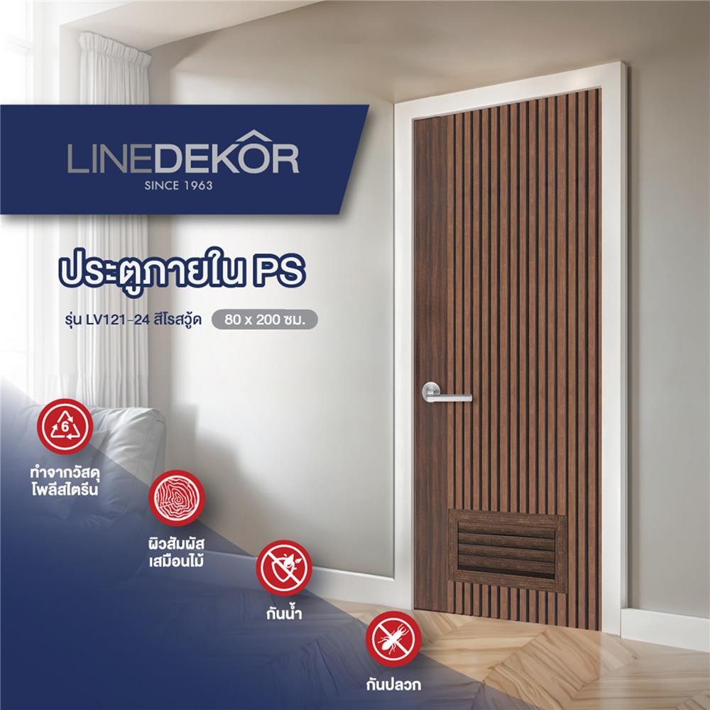 ประตูห้องน้ำโพลีสไตรีน ไม่เจาะลูกบิด LINDEKOR VERTICAL 80x200 ซม. สีโรสวู้ด (เปิดด้านขวา เข้าด้านใน)