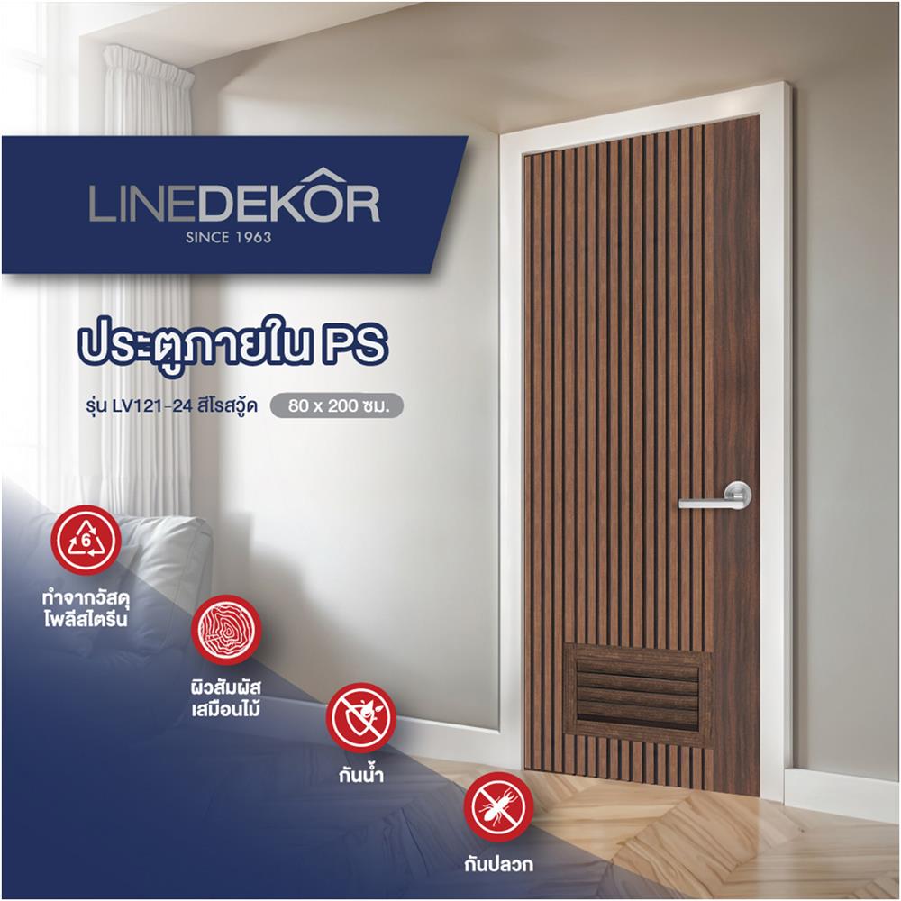 ประตูห้องน้ำโพลีสไตรีน ไม่เจาะลูกบิด LINDEKOR VERTICAL 80x200 ซม. สีโรสวู้ด (เปิดด้านซ้าย เข้าด้านใน)