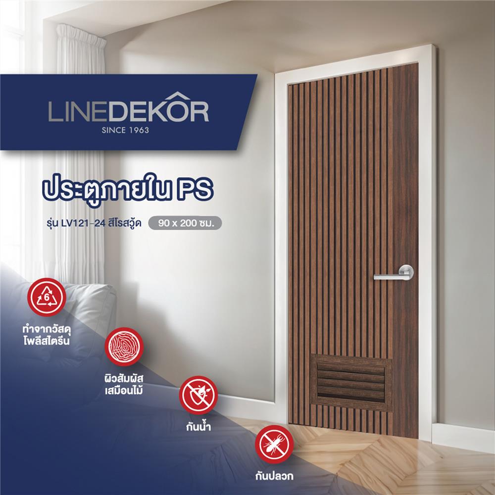 ประตูห้องน้ำโพลีสไตรีน ไม่เจาะลูกบิด LINDEKOR VERTICAL 90x200 ซม. สีโรสวู้ด (เปิดด้านซ้าย เข้าด้านใน)