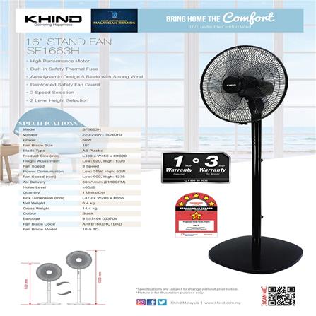 KHIND STAND FAN SF1663H 16INCH 50WATT 5BLADES 3SPEED