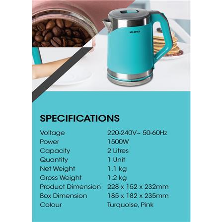 KHIND KETTLE EK2010 1500W 2L COOL TOUCH STAINLESS STEEL TURQUOISE