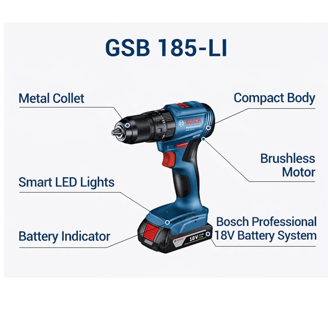 CORDLESS IMPACT DRILL BOSCH GSB185-LI 13MM 18V (BATTERY INCLUDED)
