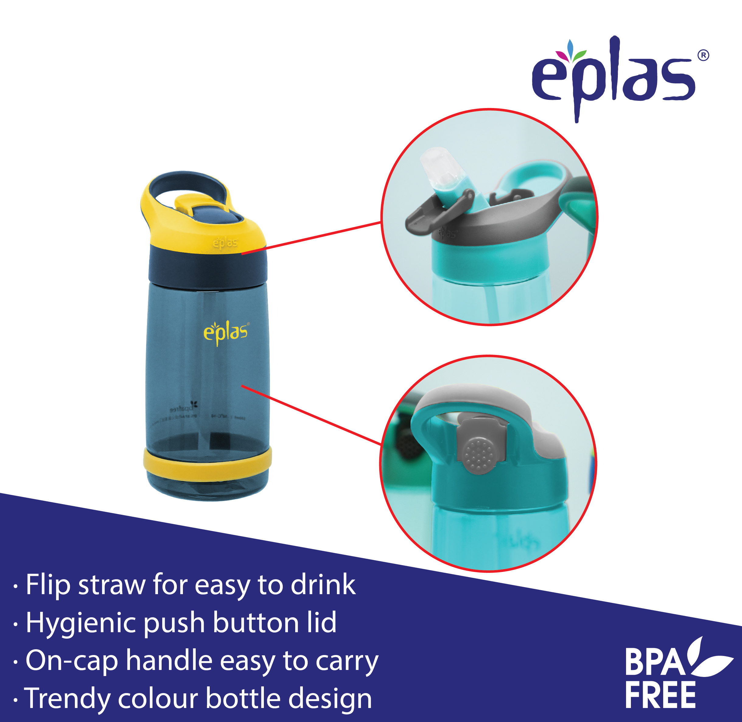 EPLAS WATER  BOTTLE 850ML W/STRAW EGSP-850BPA