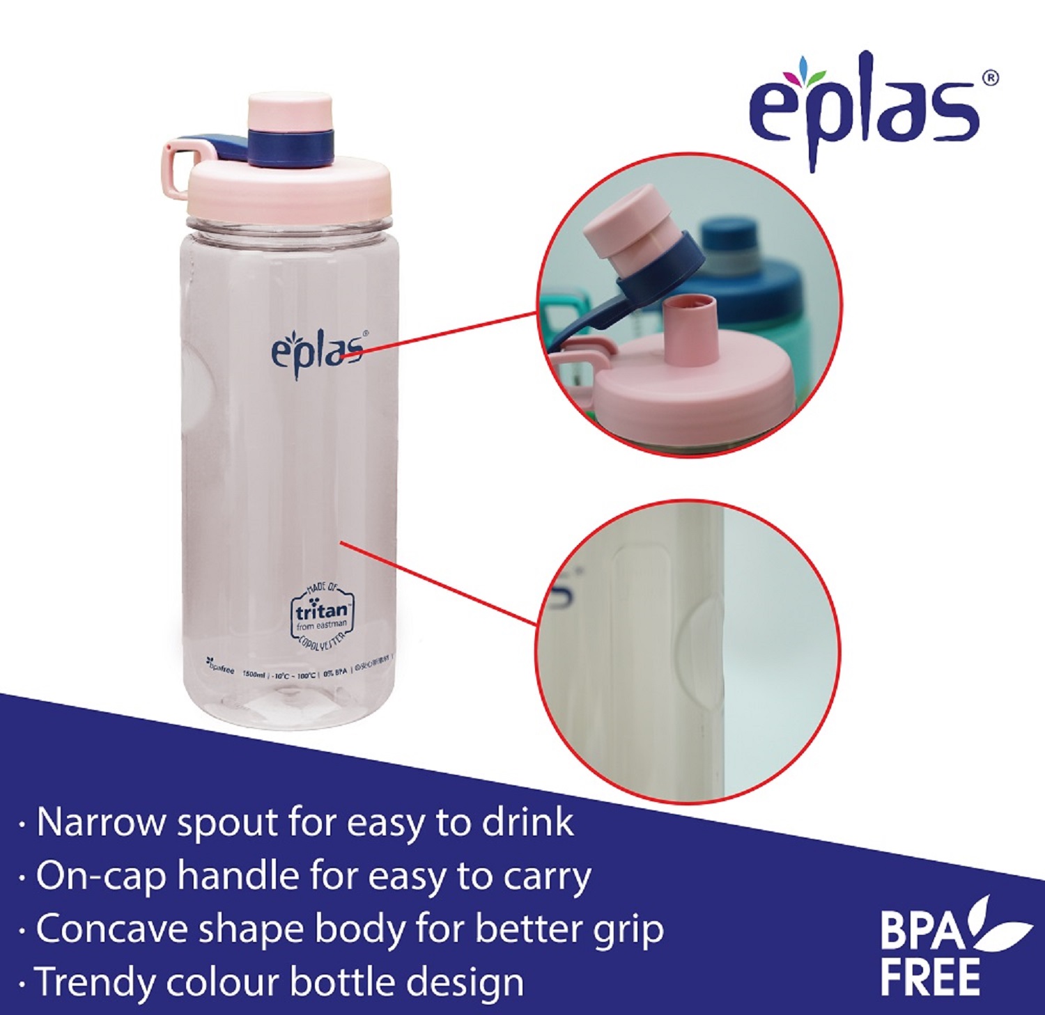 EPLAS WATER BOTTLE 1000ML W/STRAW EGSP-1000BPA