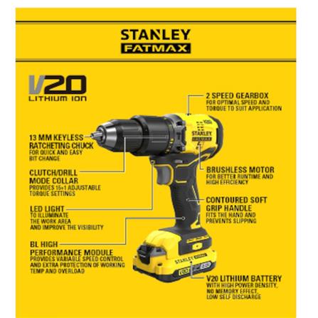 STANLEY&nbsp;CORDLESS 20V BRUSHLESS HAMMER DRILL (X2 BATTERY INCLUDED)