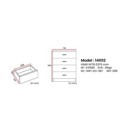 CHEST 4 DRAWER 75x40x94CM NEW WHITE