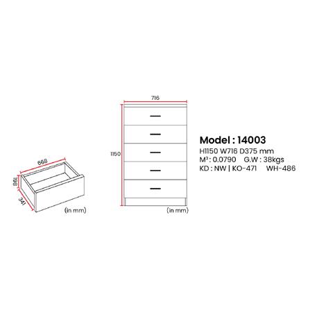 CHEST 5 DRAWER 75x40x114CM WHITE
