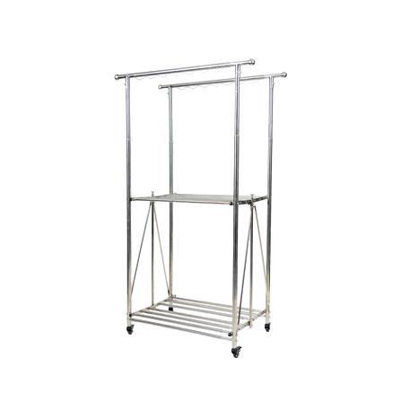 2-BAR ADJUSTABLE FOLDING STAINLESS STEEL CLOTHES RACK WITH CASTERS MHT 15-50X75-115X160-180CM
