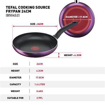 TEFAL B504S2 COOKING SOURCE 3 PC SET FRYPAN 24 CM + SAUCEPAN 18 CM + LID.