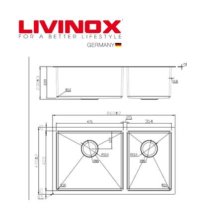 LIVINOX BUILT IN UNDERMOUNT SINK LUS-8647 STAINLESS STEEL 304 2BOWLS 86CM