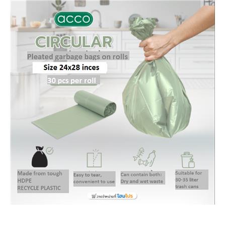 GARBAGE ROLL  ACCO 24X28" 30PCS CIRCULAR PRODUCT GREEN WITH STAR SEALED BOTTOM