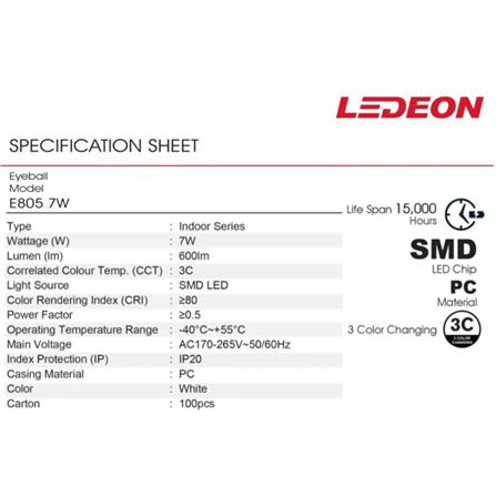 LEDEON LED EYEBALL E805 7W 3 COLOR WHITE ROUND 4"