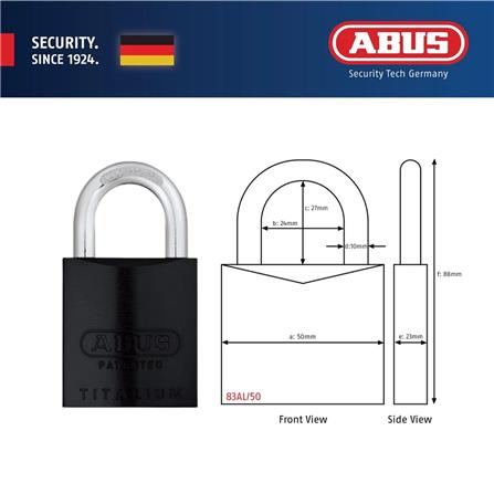 (ONLINE) ABUS 50MM TITALIUM ALUMINIUM PADLOCK WITH 2 KEYS 83AL/50 BLACK