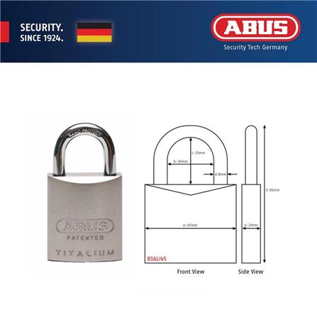 (ONLINE) ABUS 45MM TITALIUM ALUMINIUM PADLOCK WITH 2 KEYS 83AL/45 SILVER