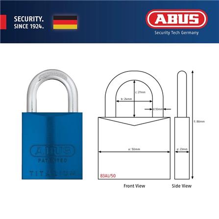 (ONLINE) ABUS 50MM TITALIUM ALUMINIUM PADLOCK WITH 2 KEYS 83AL/50 BLUE
