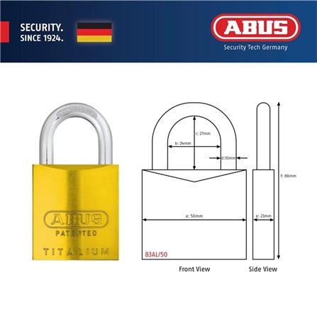 (ONLINE) ABUS 50MM TITALIUM ALUMINIUM PADLOCK WITH 2 KEYS 83AL/50 YELLOW