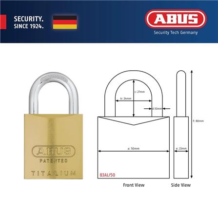 (ONLINE) ABUS 50MM TITALIUM ALUMINIUM PADLOCK WITH 2 KEYS 83AL/50 GOLD