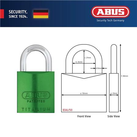 (ONLINE) ABUS 50MM TITALIUM ALUMINIUM PADLOCK WITH 2 KEYS 83AL/50 GREEN