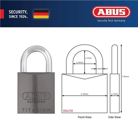 (ONLINE) ABUS 50MM TITALIUM ALUMINIUM PADLOCK WITH 2 KEYS 83AL/50 TITANIUM