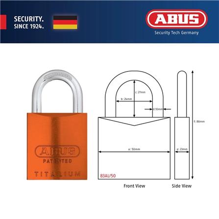 (ONLINE) ABUS 50MM TITALIUM ALUMINIUM PADLOCK WITH 2 KEYS 83AL/50 ORANGE
