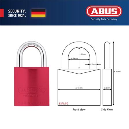 (ONLINE) ABUS 50MM TITALIUM ALUMINIUM PADLOCK WITH 2 KEYS 83AL/50 RED