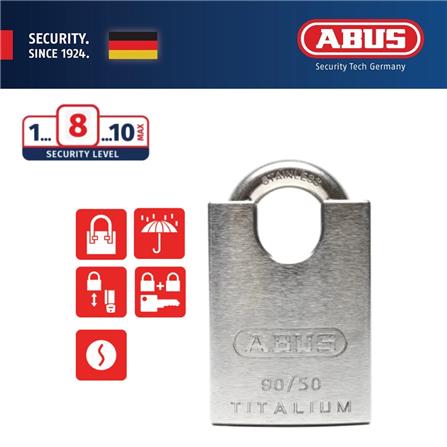 (ONLINE) ABUS 50MM CLOSED SHACKLE TITALIUM PADLOCK WITH 2 KEYS 90RK/50