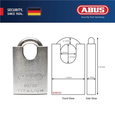 (ONLINE) ABUS 50MM CLOSED SHACKLE TITALIUM PADLOCK WITH 2 KEYS 90RK/50