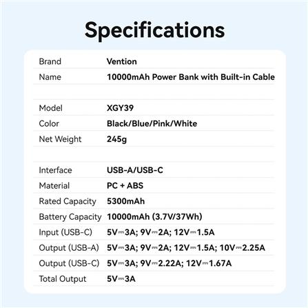 VENTION POWERBANK 10000mAh FAST CHARGE WHITE XGYW0-39-TY